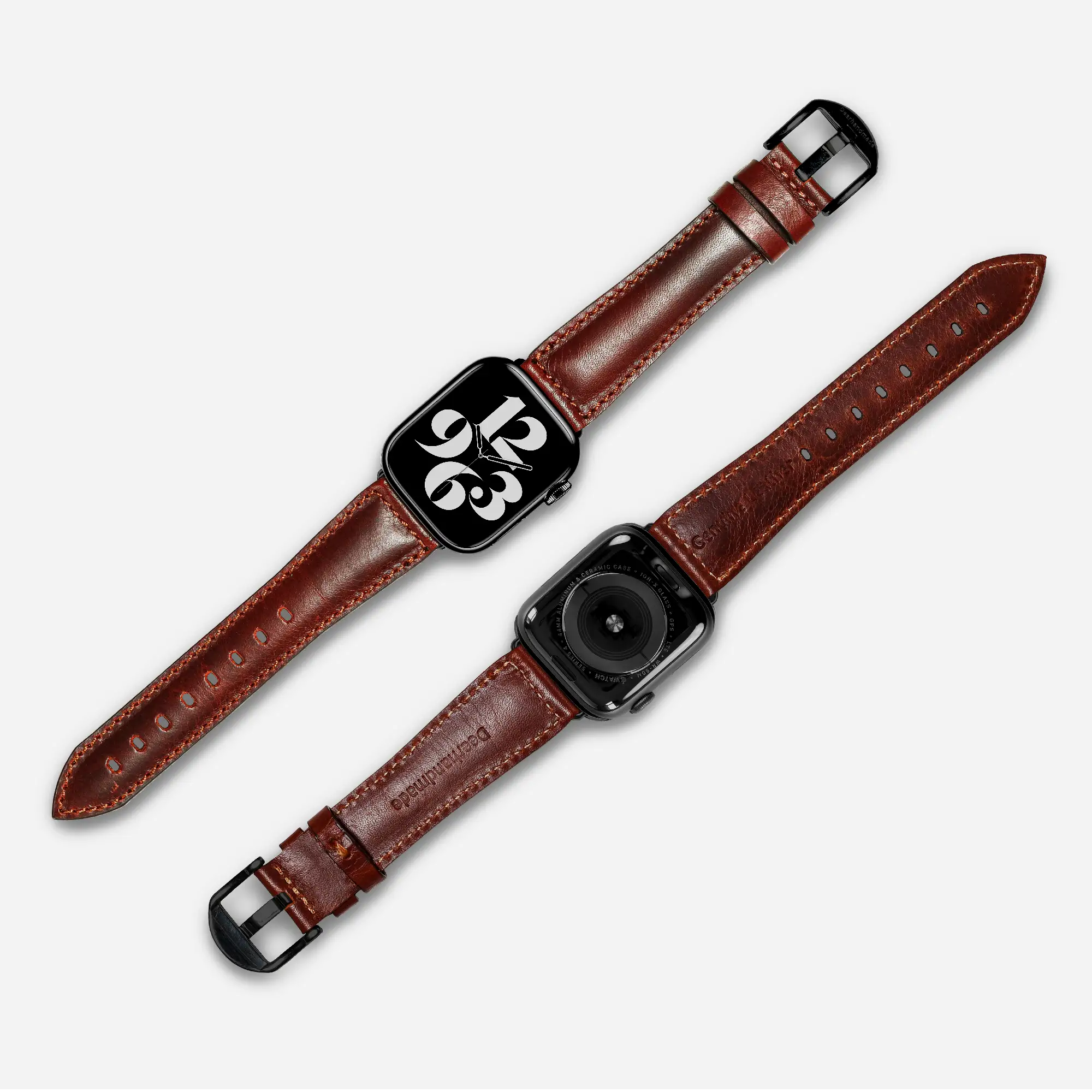 2 garnet color full grain leather apple watch strap showin g back and front side
