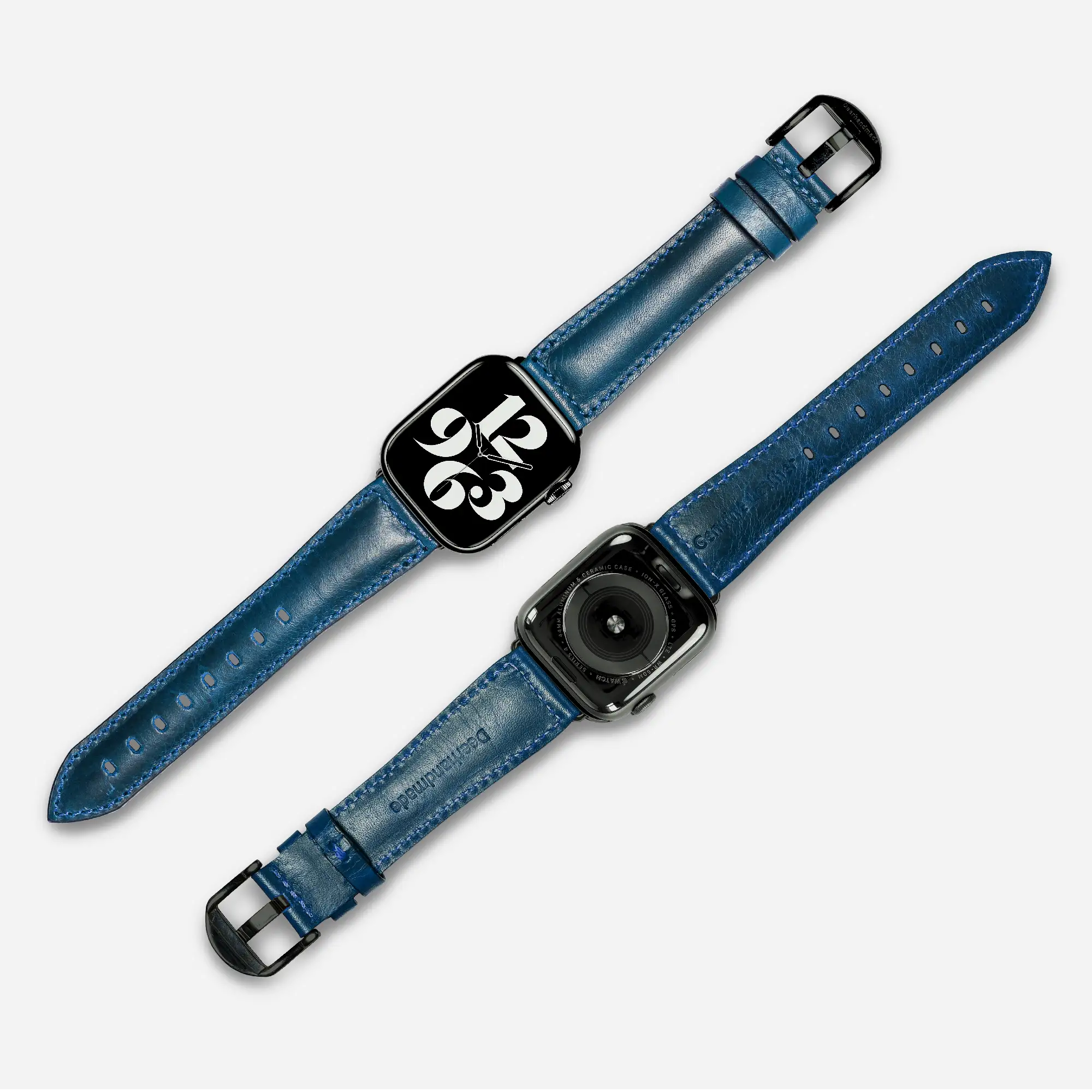 Lapis Color two Full Grain Leather Apple Watch Strap showing front and back side