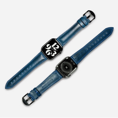 Lapis Color two Full Grain Leather Apple Watch Strap showing front and back side