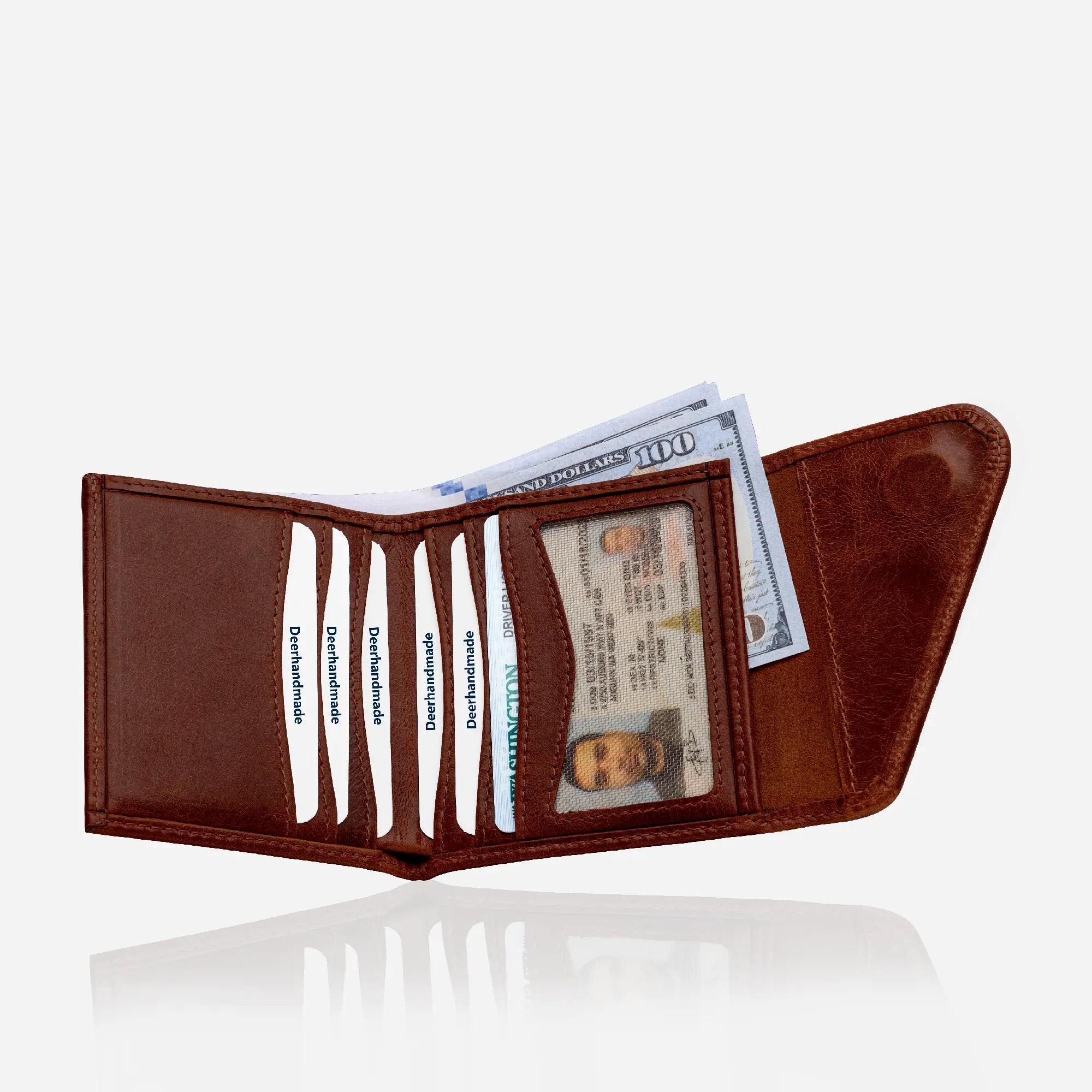 Garnet Color Slim Bifold Leather Wallet displayed in a sleek, open position, showcasing its interior compartments and high-quality craftsmanship