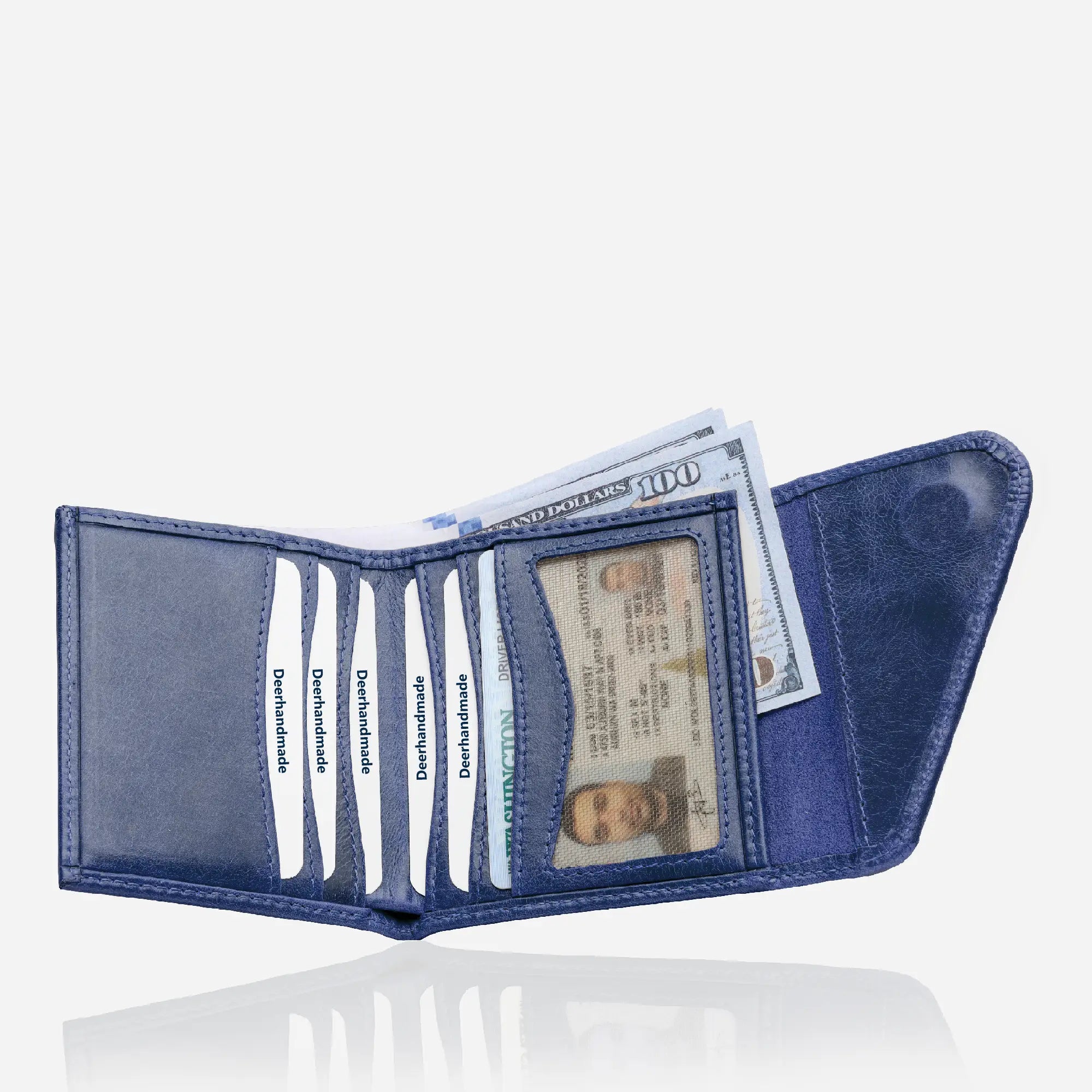 Indicolite Color Slim Bifold Leather Wallet displayed in a sleek, open position, showcasing its interior compartments and high-quality craftsmanship