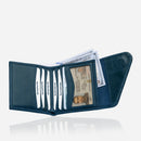 Lapis Color Slim Bifold Leather Wallet displayed in a sleek, open position, showcasing its interior compartments and high-quality craftsmanship
