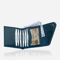 Lapis Color Slim Bifold Leather Wallet displayed in a sleek, open position, showcasing its interior compartments and high-quality craftsmanship
