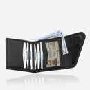 Onyx Color Slim Bifold Leather Wallet displayed in a sleek, open position, showcasing its interior compartments and high-quality craftsmanship