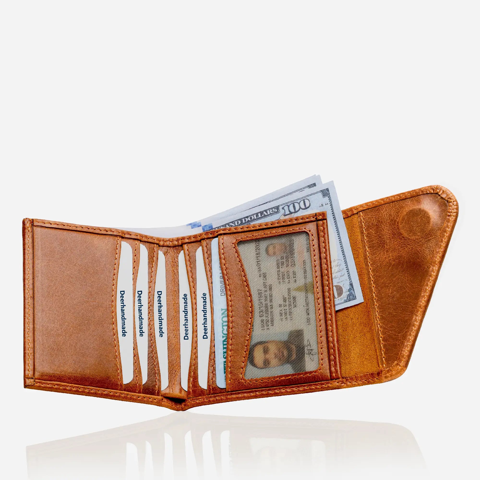 Cirtine Color Slim Bifold Leather Wallet displayed in a sleek, open position, showcasing its interior compartments and high-quality craftsmanship